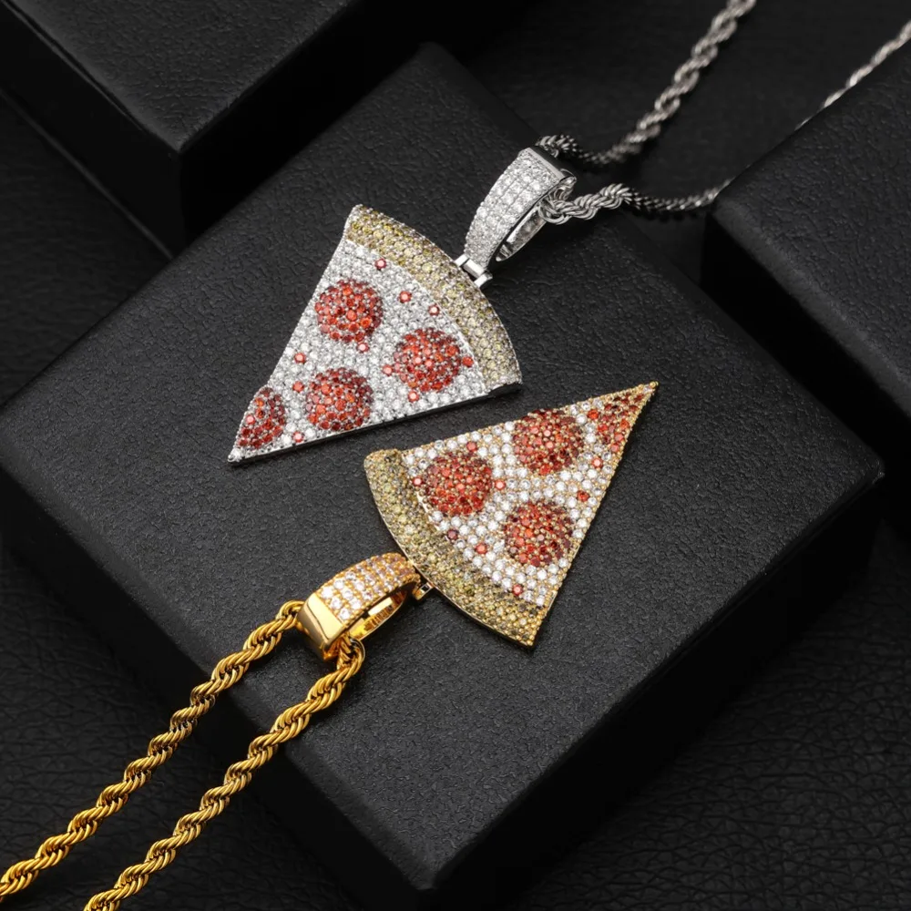 TOPGRILLZ Iced Out Pizza Pendant&Necklace Copper Gold Silver Color Micro Paved Cubic Zircon Hip Hop Jewelry Gift For Men