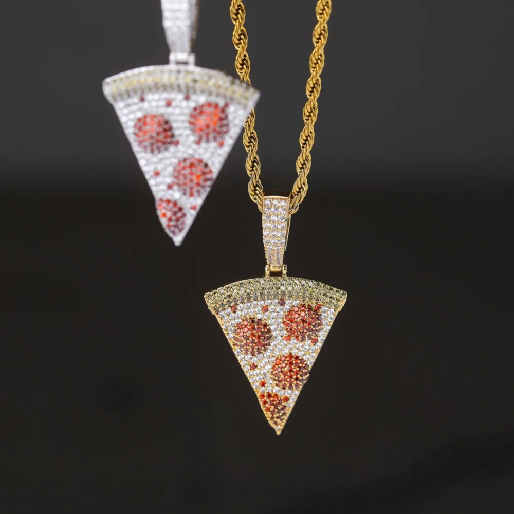 TOPGRILLZ Iced Out Pizza Pendant&Necklace Copper Gold Silver Color Micro Paved Cubic Zircon Hip Hop Jewelry Gift For Men