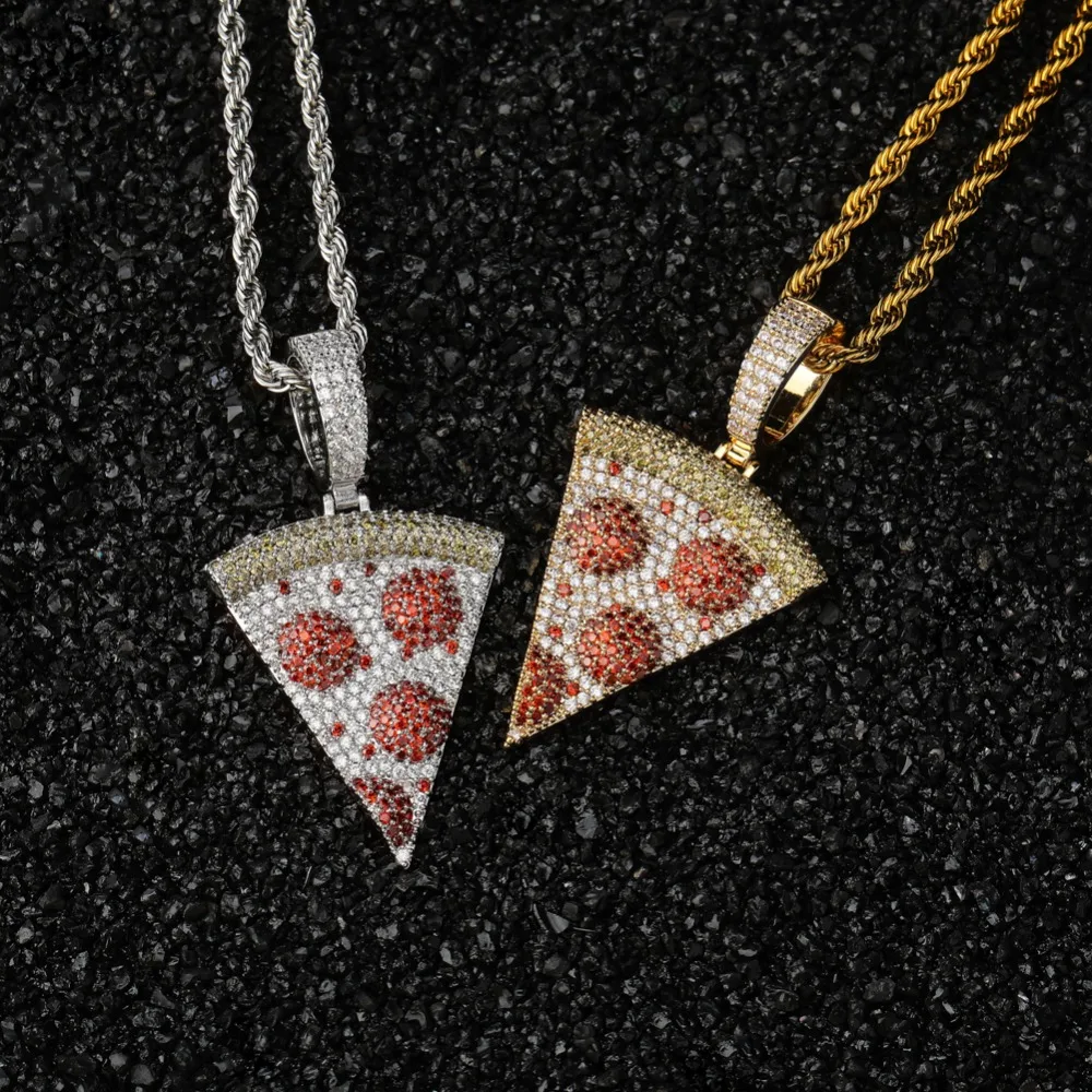 TOPGRILLZ Iced Out Pizza Pendant&Necklace Copper Gold Silver Color Micro Paved Cubic Zircon Hip Hop Jewelry Gift For Men