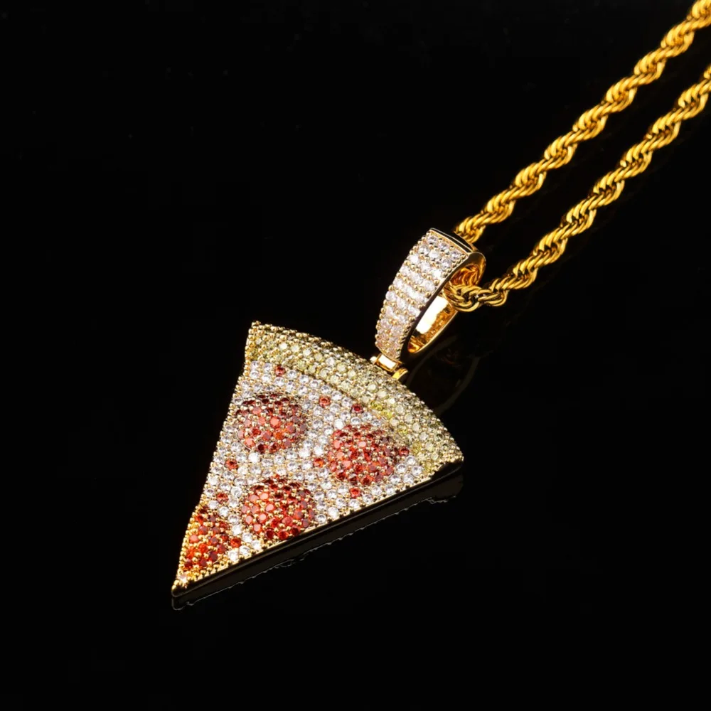 TOPGRILLZ Iced Out Pizza Pendant&Necklace Copper Gold Silver Color Micro Paved Cubic Zircon Hip Hop Jewelry Gift For Men