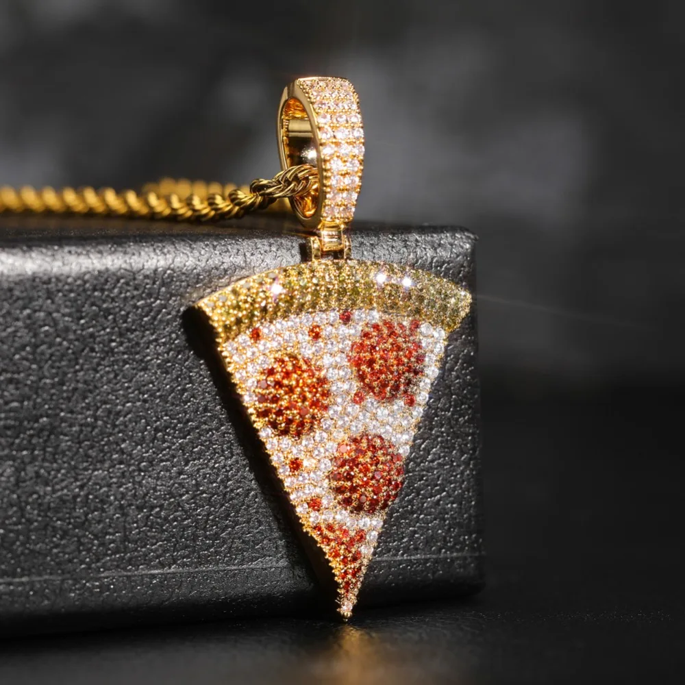 TOPGRILLZ Iced Out Pizza Pendant&Necklace Copper Gold Silver Color Micro Paved Cubic Zircon Hip Hop Jewelry Gift For Men