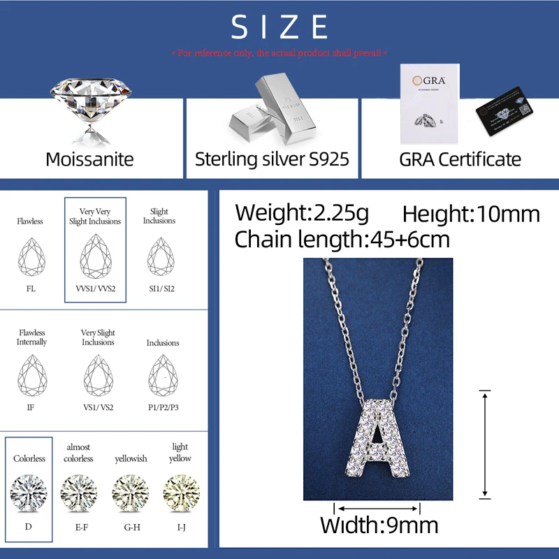 Simple 925 Silver Moissanite 26 Letter Pendant Necklace Fashion Women A-Z Initials Choker Clavicle Chain Jewelry Christmas Gifts