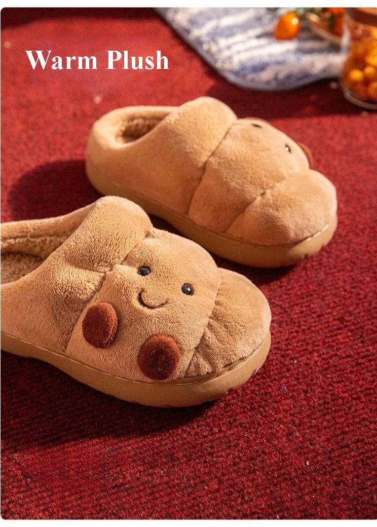 Cute Croissant Cotton Slippers For Women Men Winter House Shoes Warm Plush Anti-slip Lovers Home Floor Slides Fluffy Footwear