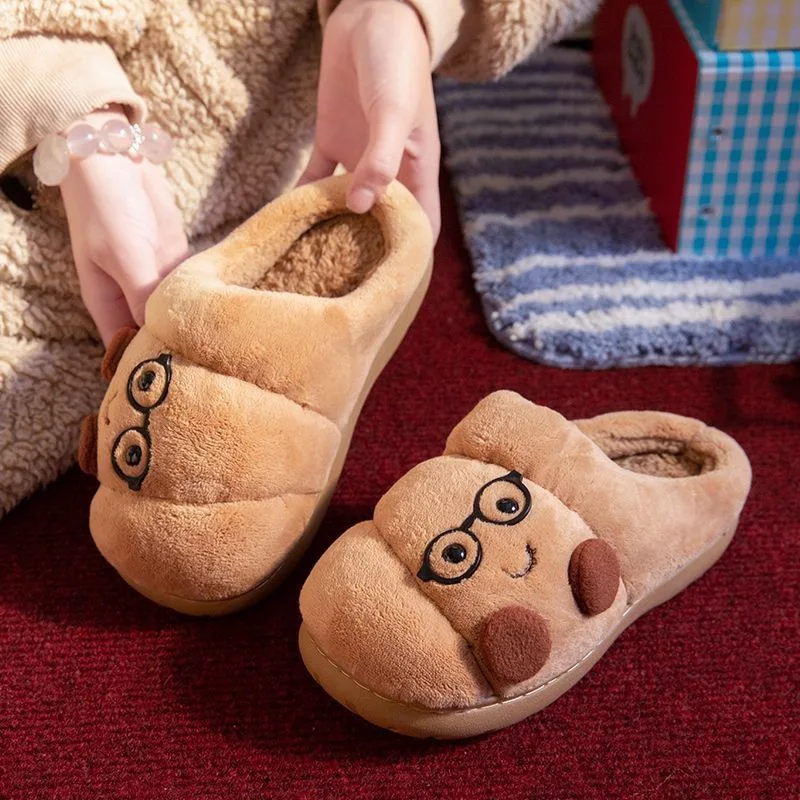 Cute Croissant Cotton Slippers For Women Men Winter House Shoes Warm Plush Anti-slip Lovers Home Floor Slides Fluffy Footwear