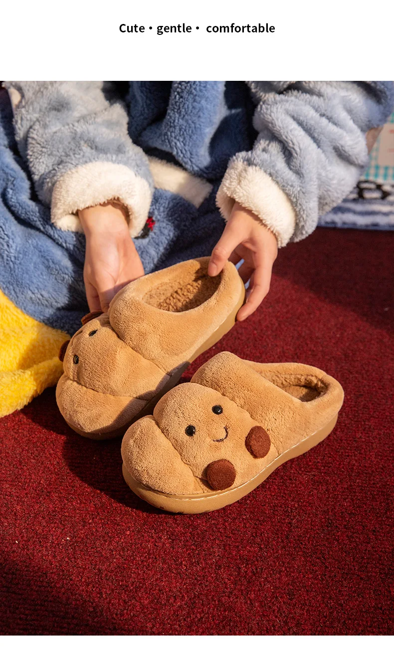 Cute Croissant Cotton Slippers For Women Men Winter House Shoes Warm Plush Anti-slip Lovers Home Floor Slides Fluffy Footwear