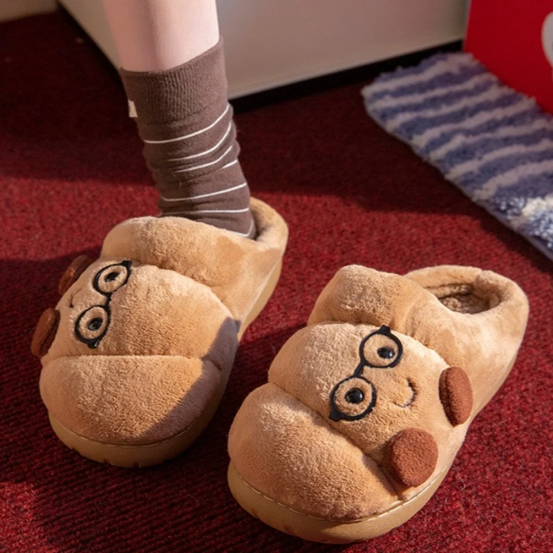 Cute Croissant Cotton Slippers For Women Men Winter House Shoes Warm Plush Anti-slip Lovers Home Floor Slides Fluffy Footwear