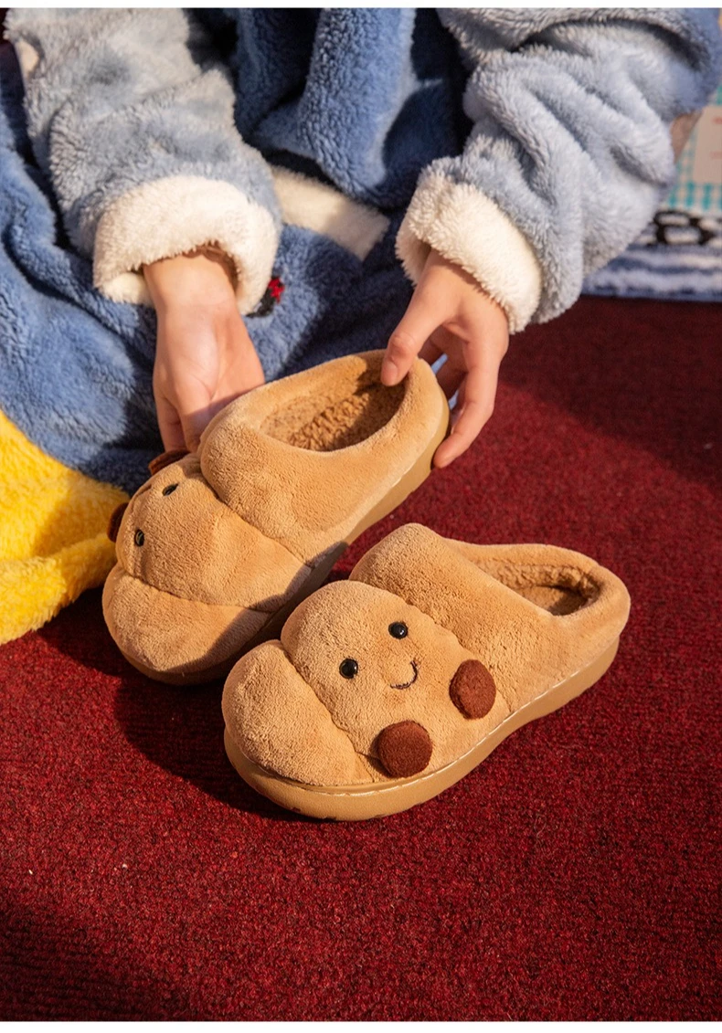 Cute Croissant Cotton Slippers For Women Men Winter House Shoes Warm Plush Anti-slip Lovers Home Floor Slides Fluffy Footwear