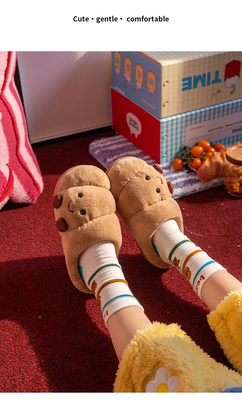 Cute Croissant Cotton Slippers For Women Men Winter House Shoes Warm Plush Anti-slip Lovers Home Floor Slides Fluffy Footwear