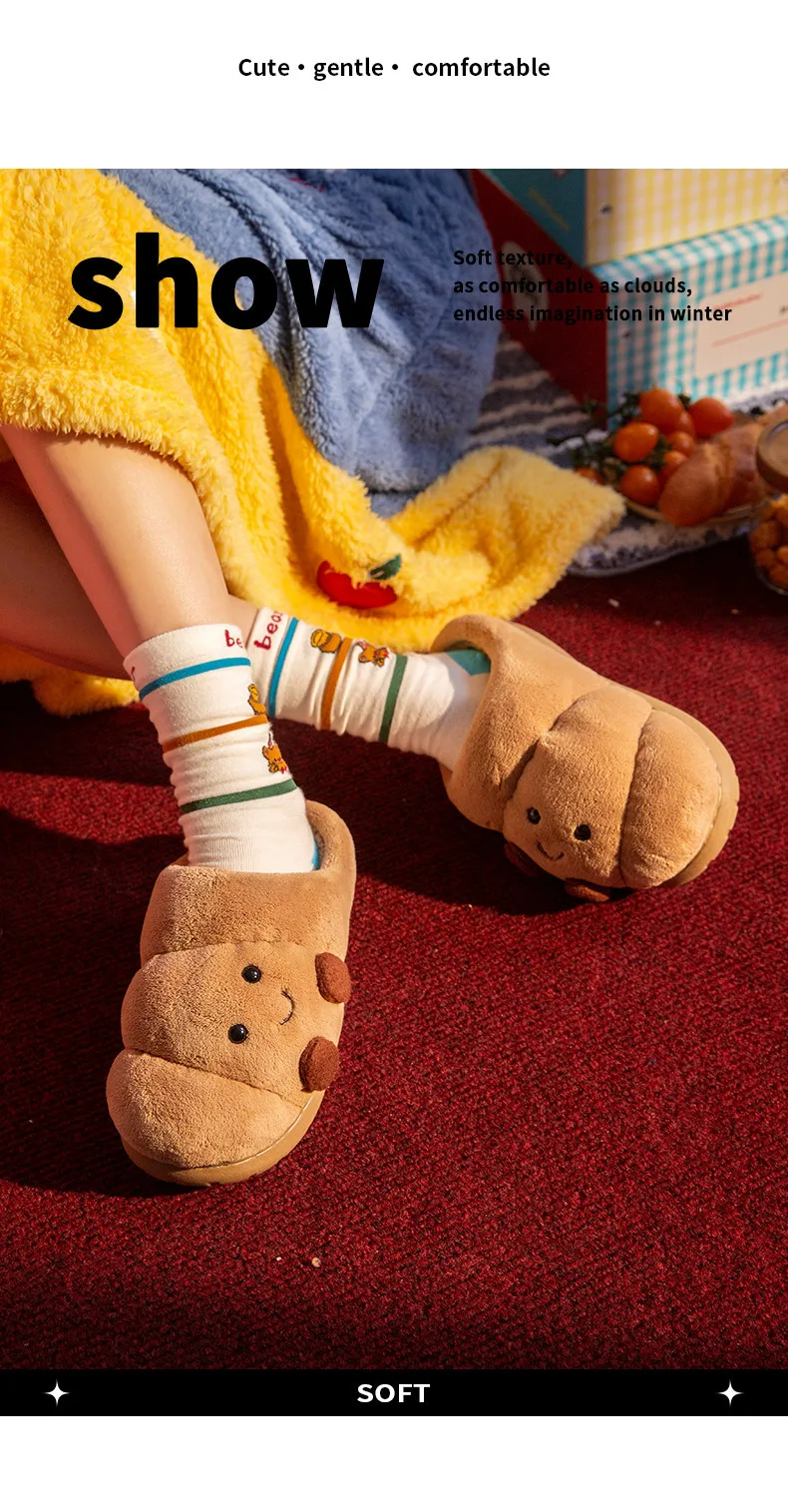 Cute Croissant Cotton Slippers For Women Men Winter House Shoes Warm Plush Anti-slip Lovers Home Floor Slides Fluffy Footwear