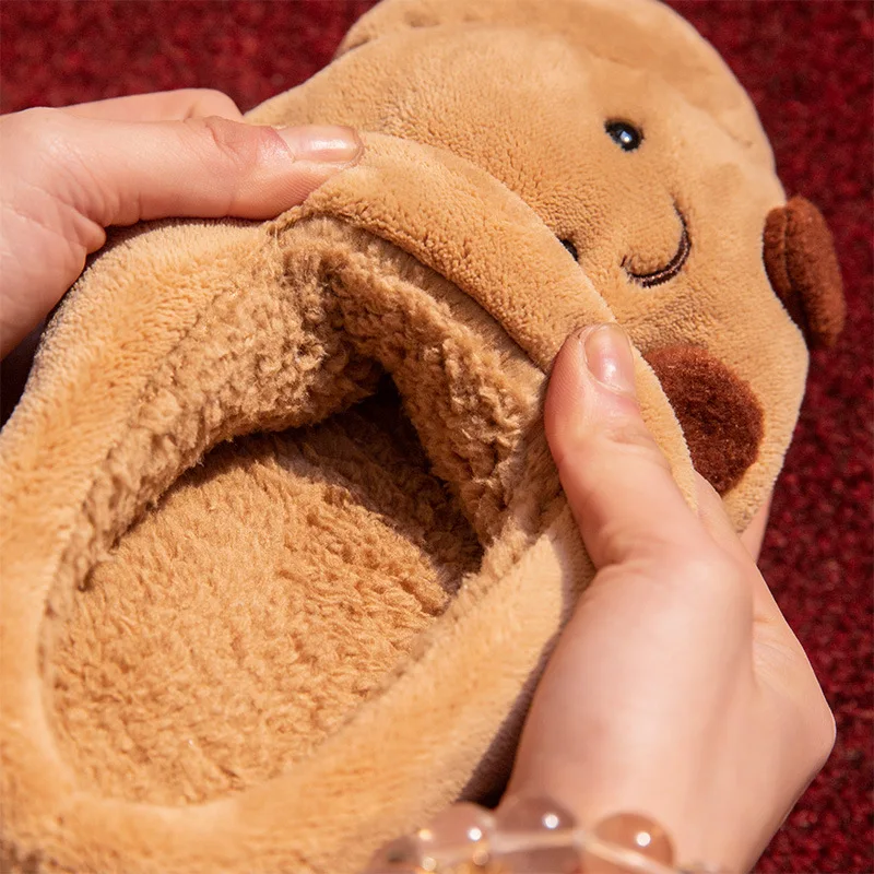 Cute Croissant Cotton Slippers For Women Men Winter House Shoes Warm Plush Anti-slip Lovers Home Floor Slides Fluffy Footwear