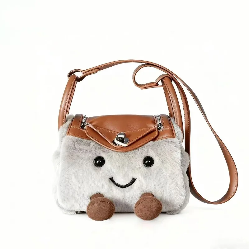 New Autumn/Winter 2025 Cute Cartoon Plush Spliced Pu Leather Pillow Bag Sweet Girl's Versatile Crossbody Bag for Commuting