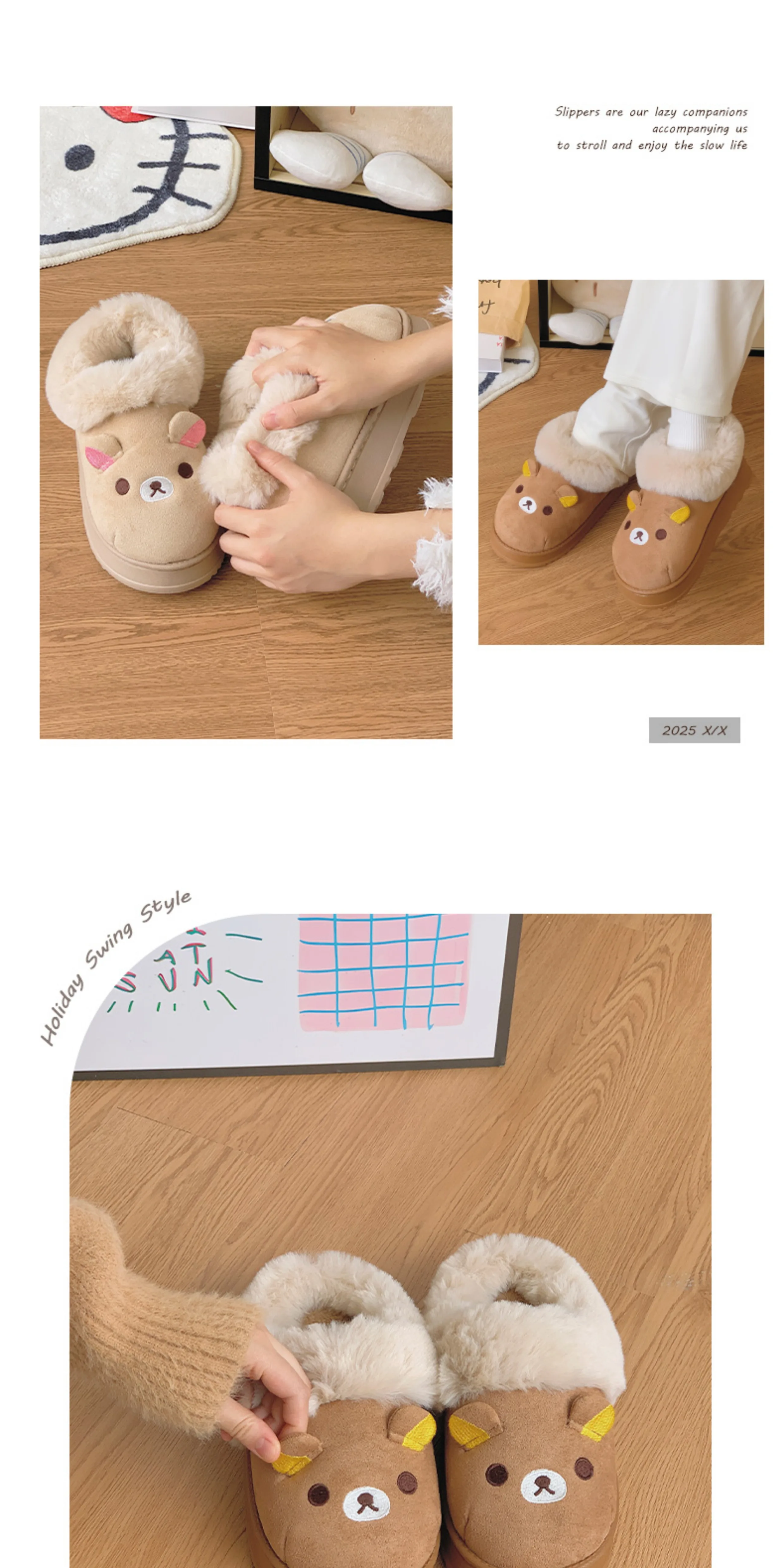 New Cute Rilakkuma Winter Wear Non Slip Warm Shoes Home Cute Bear Couple Slippers Anime Surrounding Girls Christmas Gift