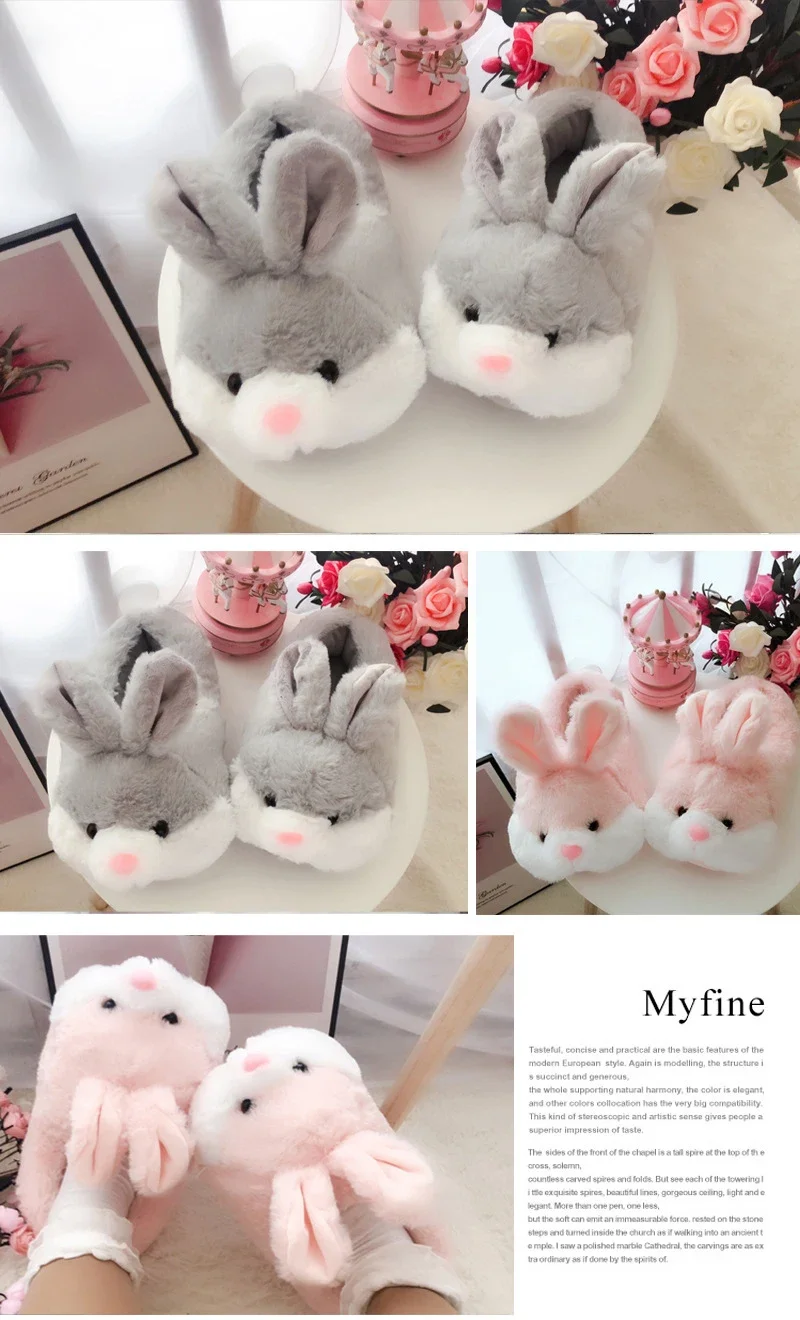 Comemore 2024 Women Cute Animal Slippers Girls Rabbit Home Shoes Plus Size 44 Non Slip Flat Autumn Winter Warm Slipper Plush Men