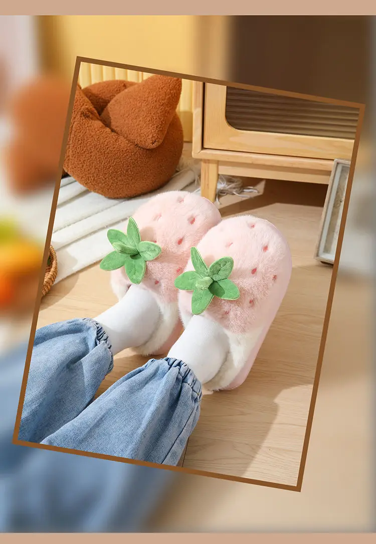 New Adorable Fruit Slippers for Winter Woman Warm Fluffy Slide Shoes Home Cloud Slipper Women Lovely Strawberry Shoe Room Scuff