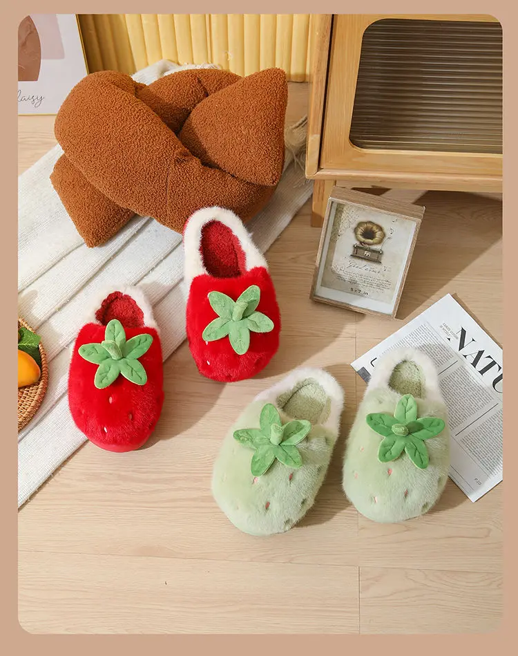 New Adorable Fruit Slippers for Winter Woman Warm Fluffy Slide Shoes Home Cloud Slipper Women Lovely Strawberry Shoe Room Scuff