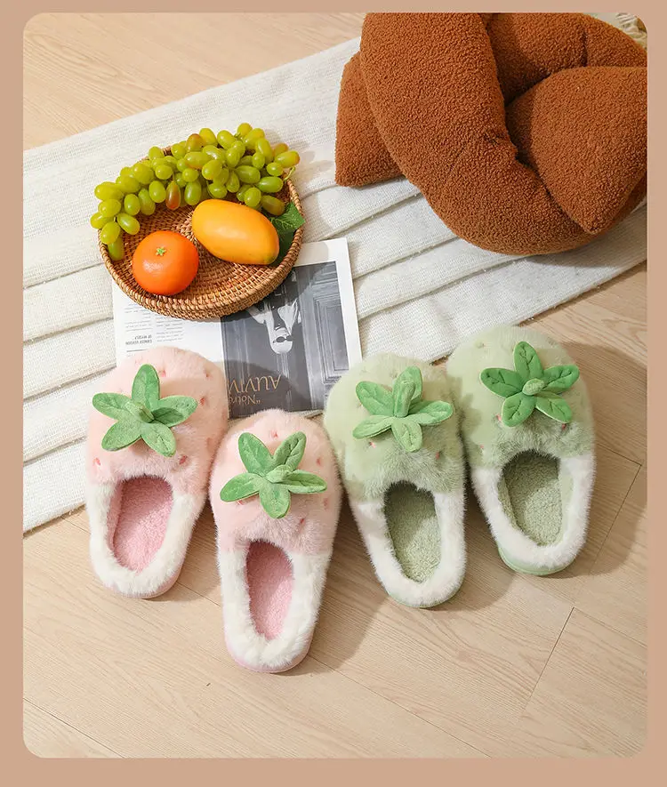 New Adorable Fruit Slippers for Winter Woman Warm Fluffy Slide Shoes Home Cloud Slipper Women Lovely Strawberry Shoe Room Scuff