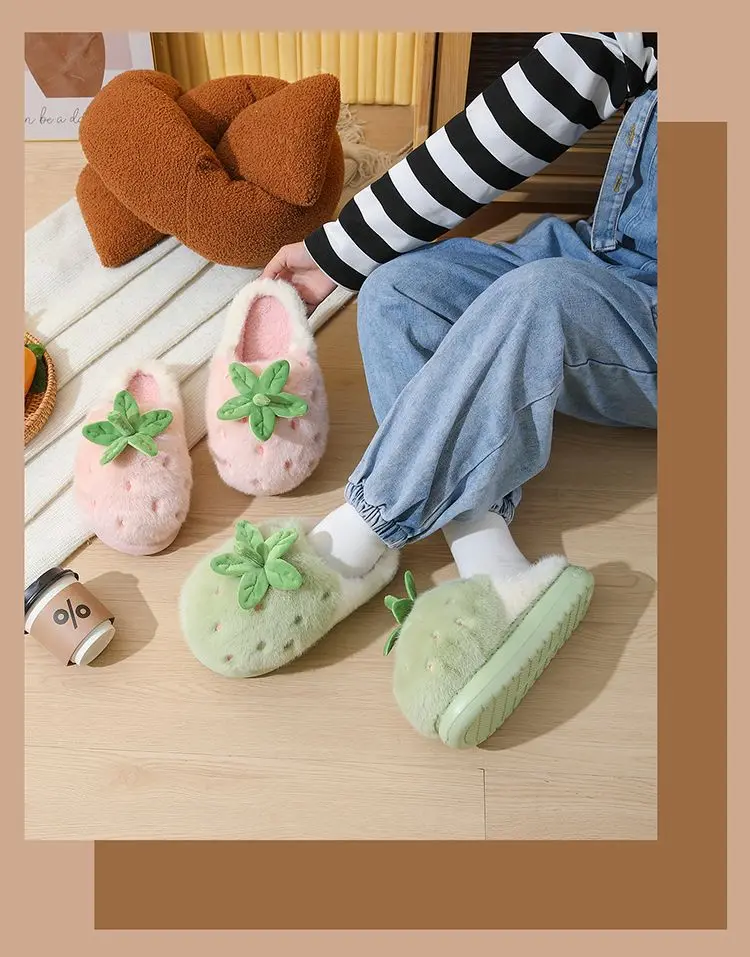New Adorable Fruit Slippers for Winter Woman Warm Fluffy Slide Shoes Home Cloud Slipper Women Lovely Strawberry Shoe Room Scuff