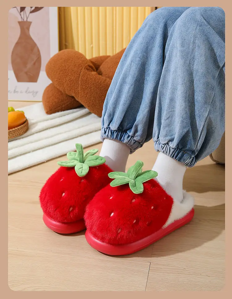 New Adorable Fruit Slippers for Winter Woman Warm Fluffy Slide Shoes Home Cloud Slipper Women Lovely Strawberry Shoe Room Scuff