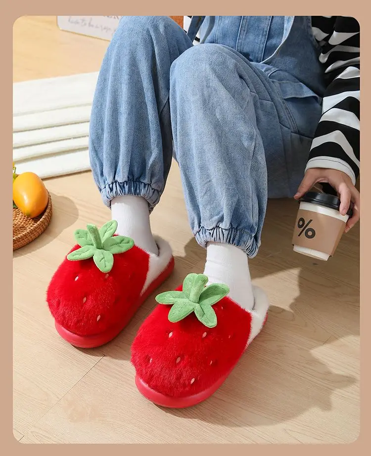 New Adorable Fruit Slippers for Winter Woman Warm Fluffy Slide Shoes Home Cloud Slipper Women Lovely Strawberry Shoe Room Scuff