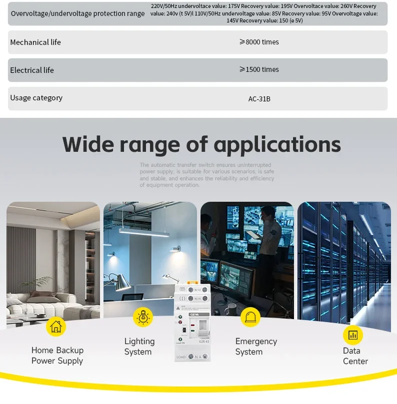 GEYA G2R ATS Automatic Transfer Switch 220V 230V Din Rail Dual Power Electrical Selector Switches Uninterrupted Power 63A 110V