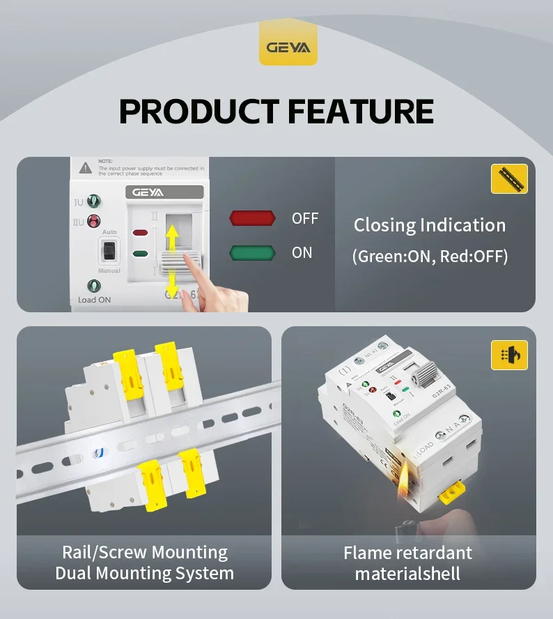 GEYA G2R ATS Automatic Transfer Switch 220V 230V Din Rail Dual Power Electrical Selector Switches Uninterrupted Power 63A 110V