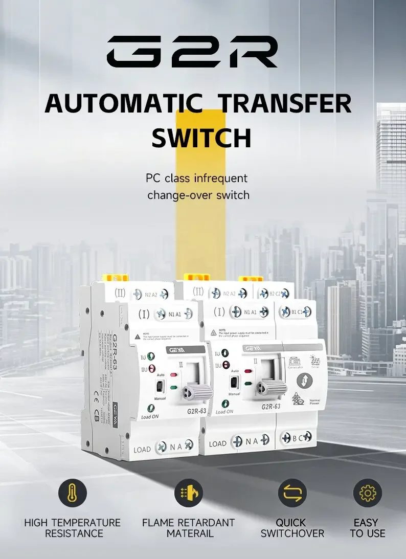 GEYA G2R ATS Automatic Transfer Switch 220V 230V Din Rail Dual Power Electrical Selector Switches Uninterrupted Power 63A 110V