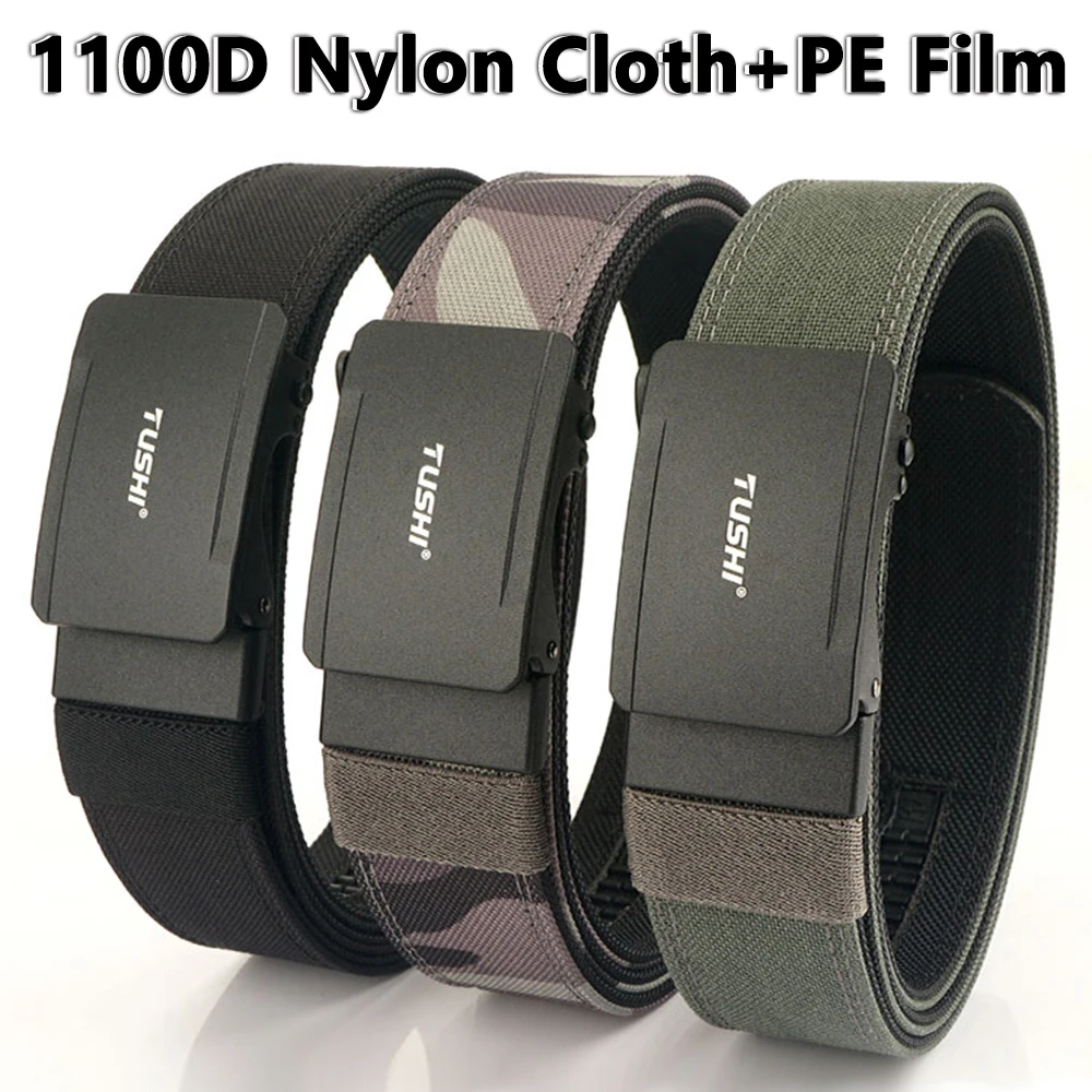 TUSHI New Hard Tactical Belt for Men Metal Automatic Buckle IPSC Gun Belt Nylon Military Belt Outdoor EDC Sports Girdle Male