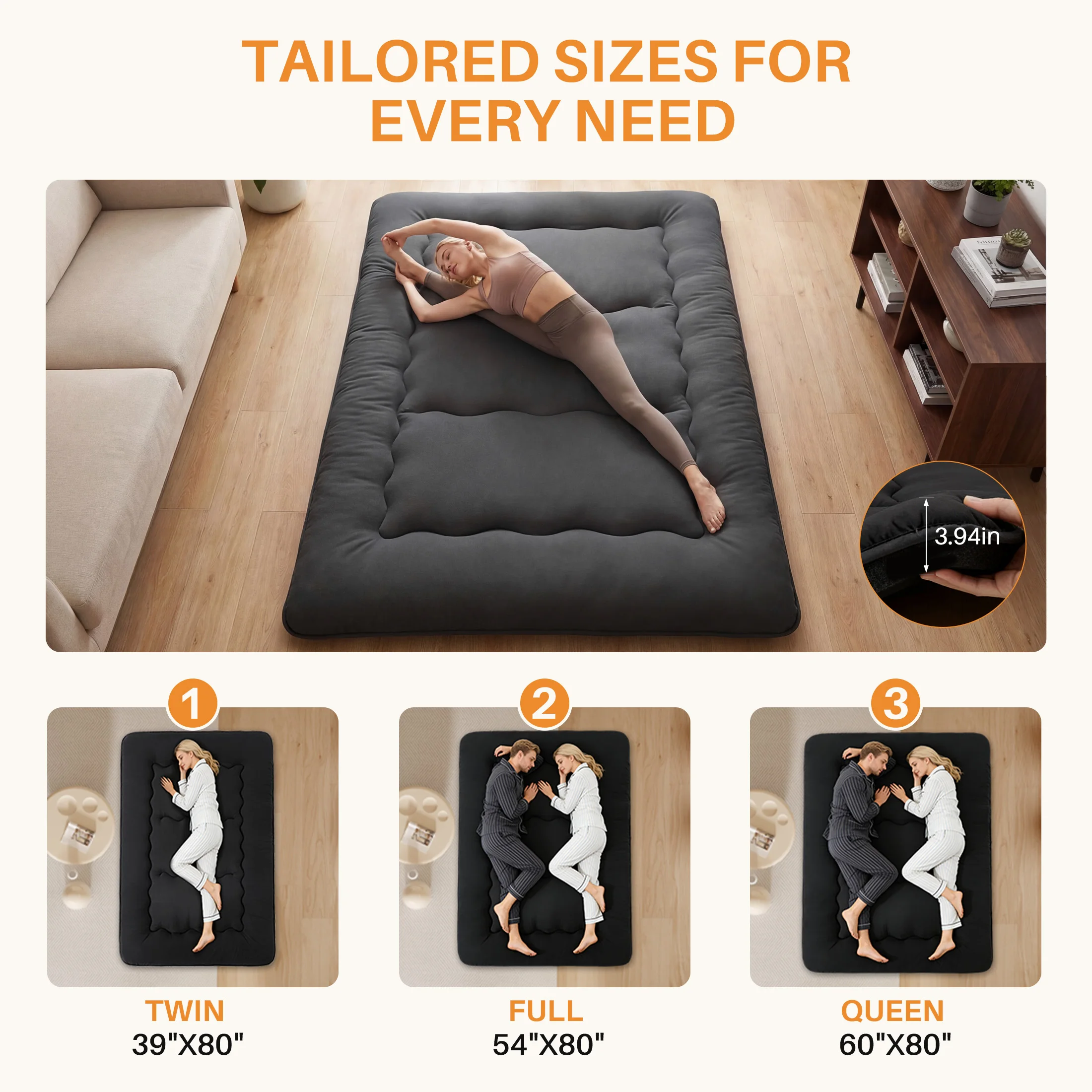 MCQ 4 Inch Japanese Floor Mattress Foldable Futon Mattress with Removable Washable Cover Soft Bed Topper Home Bedroom Furniture