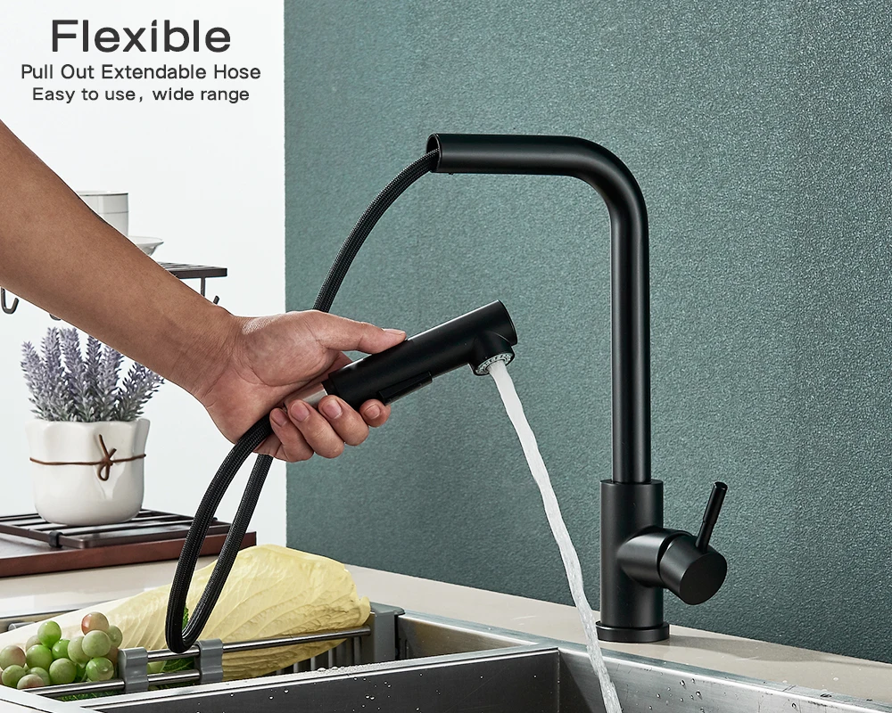 Kitchen Pull-Out Faucet 304 Stainless Steel Hot and Cold Faucet Black Sink Faucet with Two Levels of Water Outlet