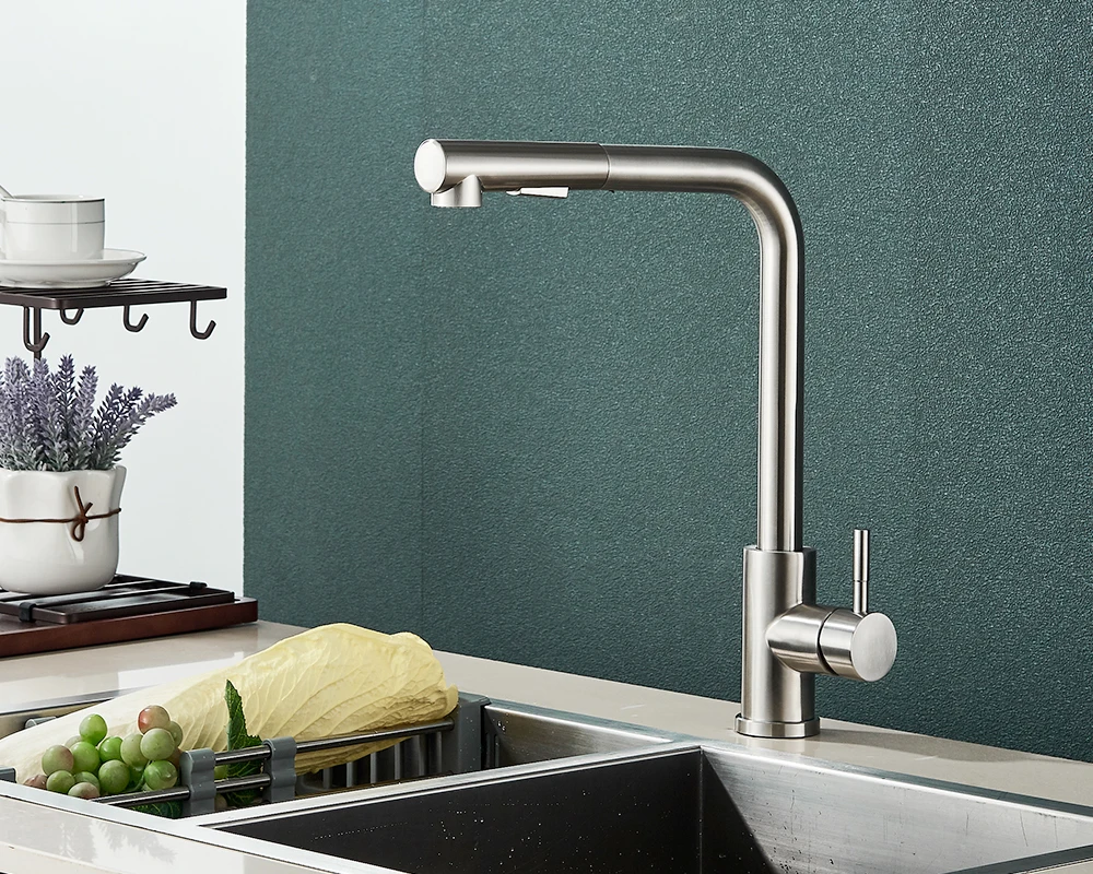 Kitchen Pull-Out Faucet 304 Stainless Steel Hot and Cold Faucet Black Sink Faucet with Two Levels of Water Outlet