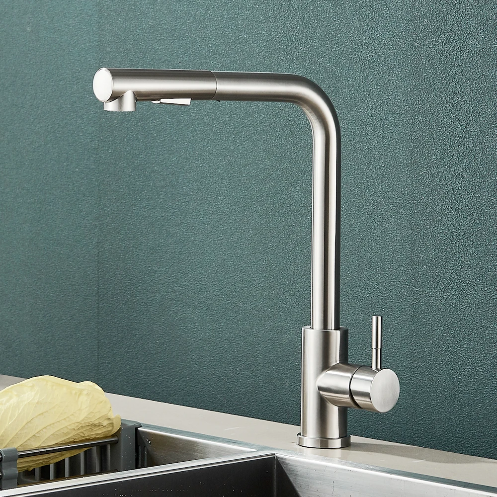 Kitchen Pull-Out Faucet 304 Stainless Steel Hot and Cold Faucet Black Sink Faucet with Two Levels of Water Outlet