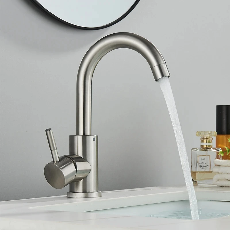 304 Stainless Steel Bathroom Basin Faucet Hot and Cold Wash Mixer Faucet 360 Rotating Sink Faucet Bathroom Single Handle Faucet