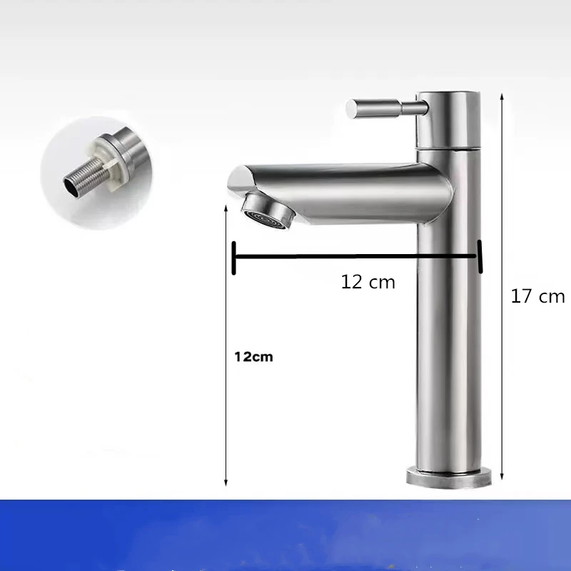 Stainless Steel Single Cold Water Tap Black Basin Fauct Silver Deck Mounted Lengthening and Raising Basin Sink Tap