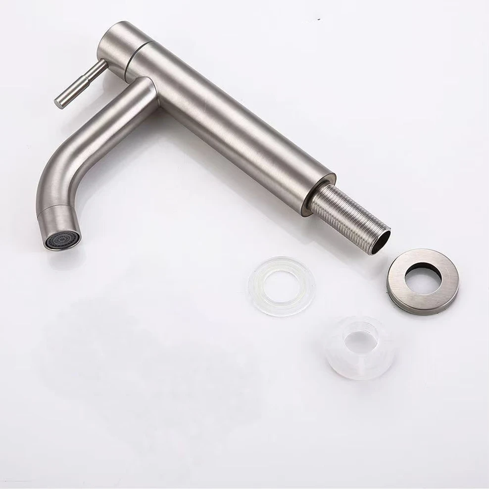 Stainless Steel Single Cold Water Tap Black Basin Fauct Silver Deck Mounted Lengthening and Raising Basin Sink Tap