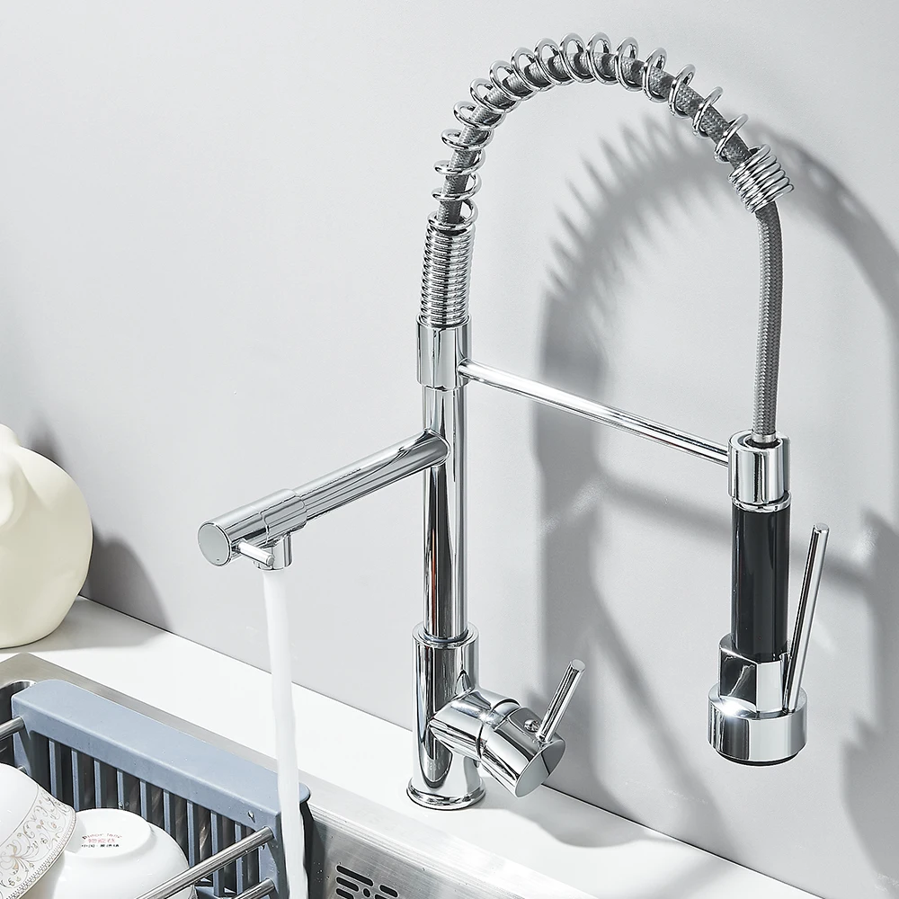 Chrome Kitchen Faucet Pull Down Kitchen Sink Crane Dual Swivel Spout Kitchen Mixer Tap Hot Cold Water Mixer Tap Deck Installatio