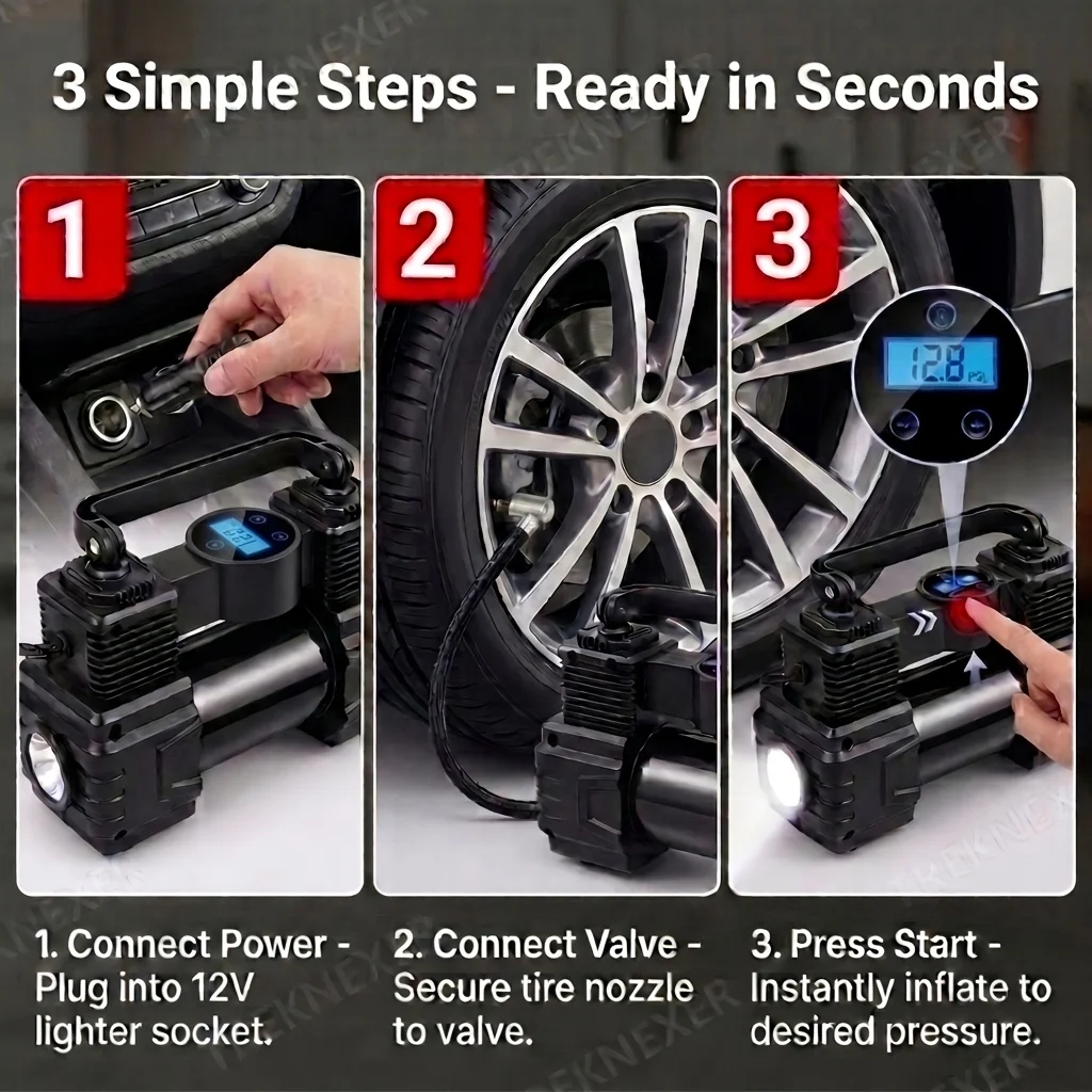 Tire Inflator Portable Air Compressor for Car Tires, 12V DC Auto Tire Pump with Digital Pressure Gauge, Emergency LED Light