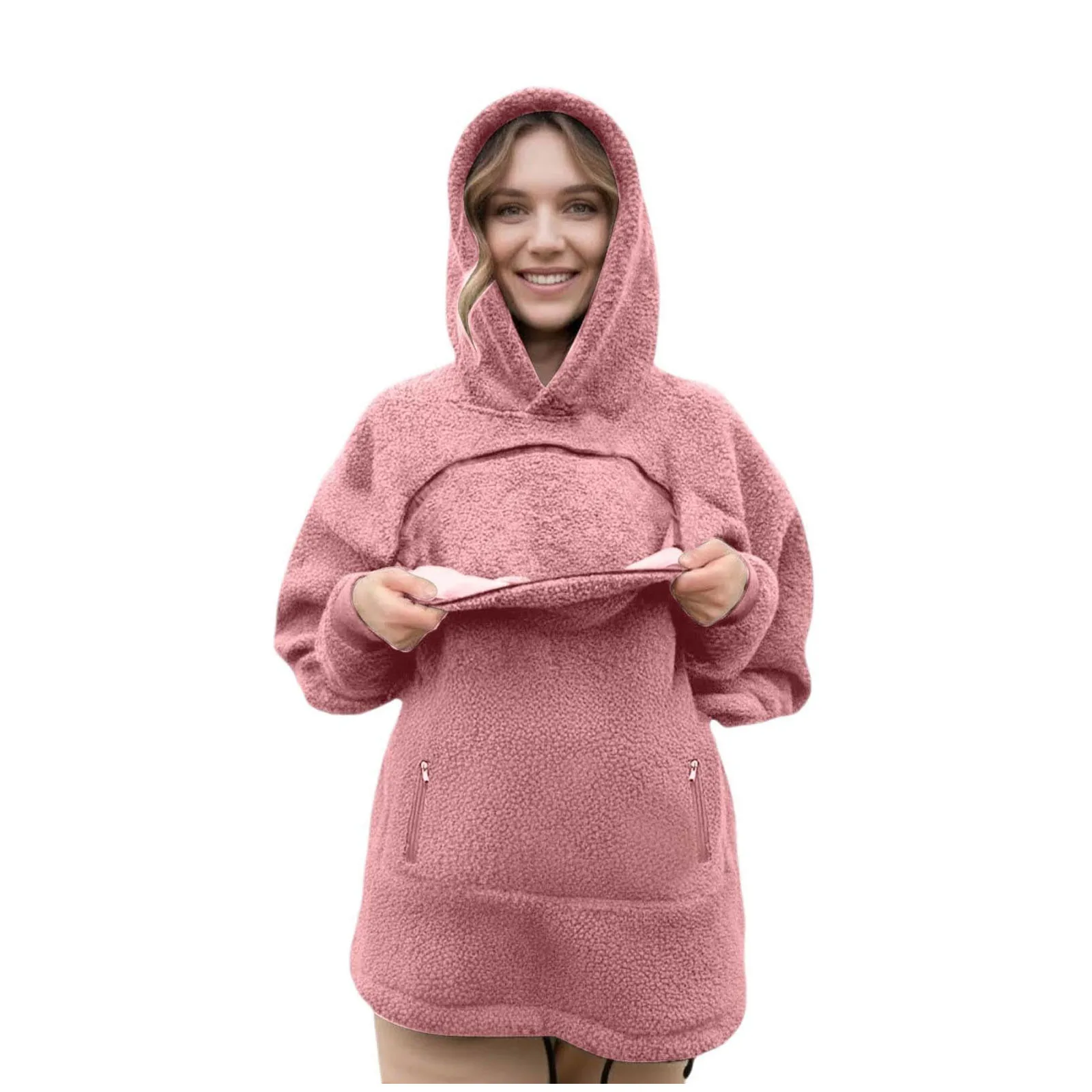Women Portable Pet Pocket Hoodies Casual Zippered Pocket Portable Cat Friendly Sweatshirts Solid Fleece Hooded Winter Sweaters
