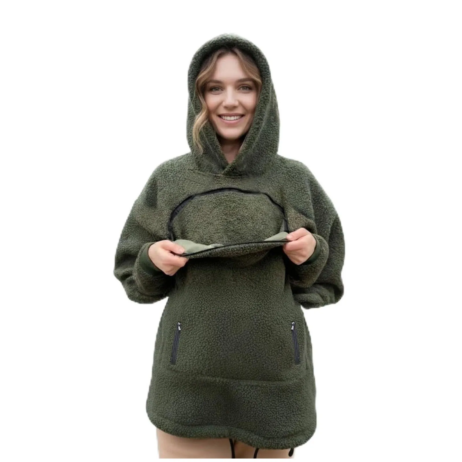 Women Portable Pet Pocket Hoodies Casual Zippered Pocket Portable Cat Friendly Sweatshirts Solid Fleece Hooded Winter Sweaters