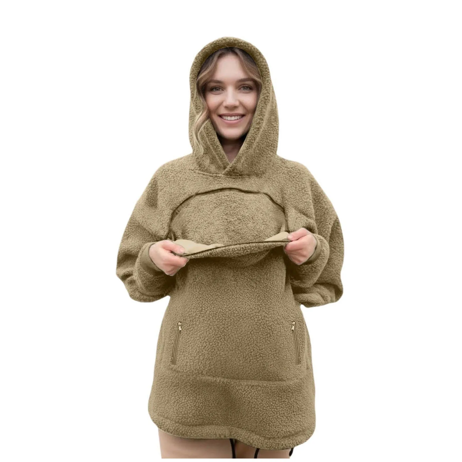 Women Portable Pet Pocket Hoodies Casual Zippered Pocket Portable Cat Friendly Sweatshirts Solid Fleece Hooded Winter Sweaters