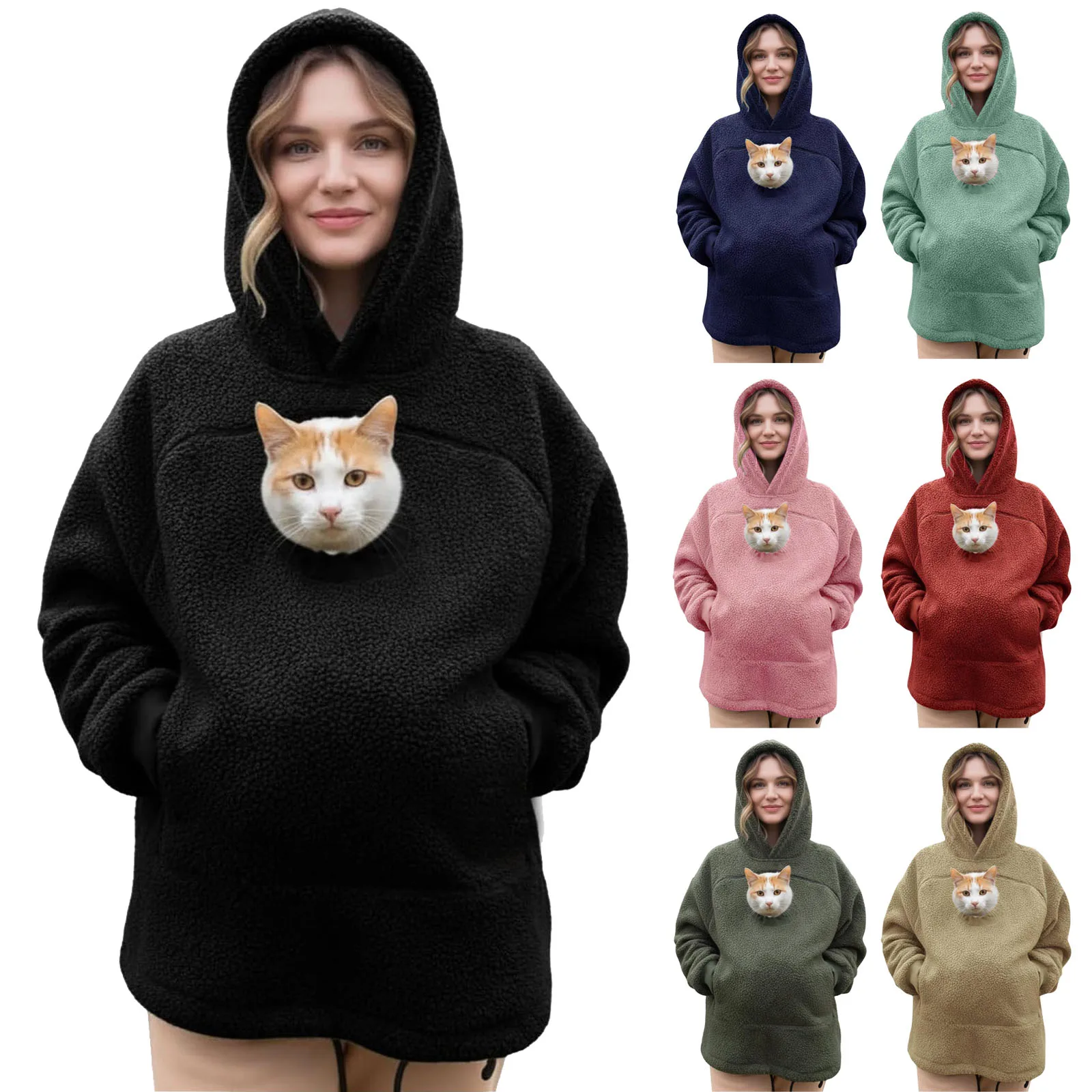 Women Portable Pet Pocket Hoodies Casual Zippered Pocket Portable Cat Friendly Sweatshirts Solid Fleece Hooded Winter Sweaters