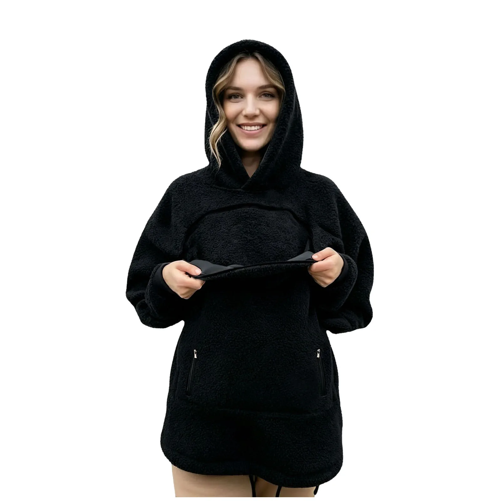 Women Portable Pet Pocket Hoodies Casual Zippered Pocket Portable Cat Friendly Sweatshirts Solid Fleece Hooded Winter Sweaters