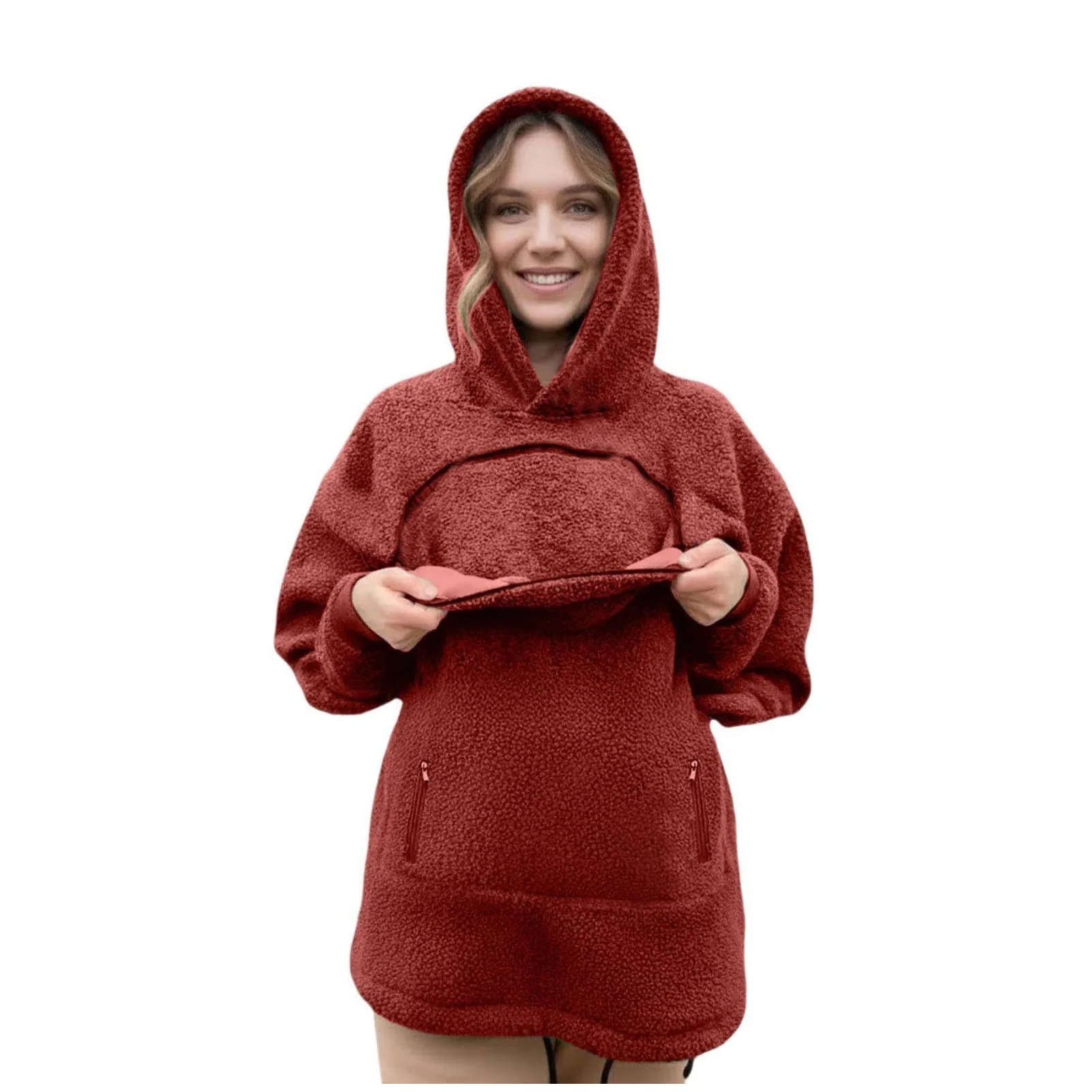 Women Portable Pet Pocket Hoodies Casual Zippered Pocket Portable Cat Friendly Sweatshirts Solid Fleece Hooded Winter Sweaters