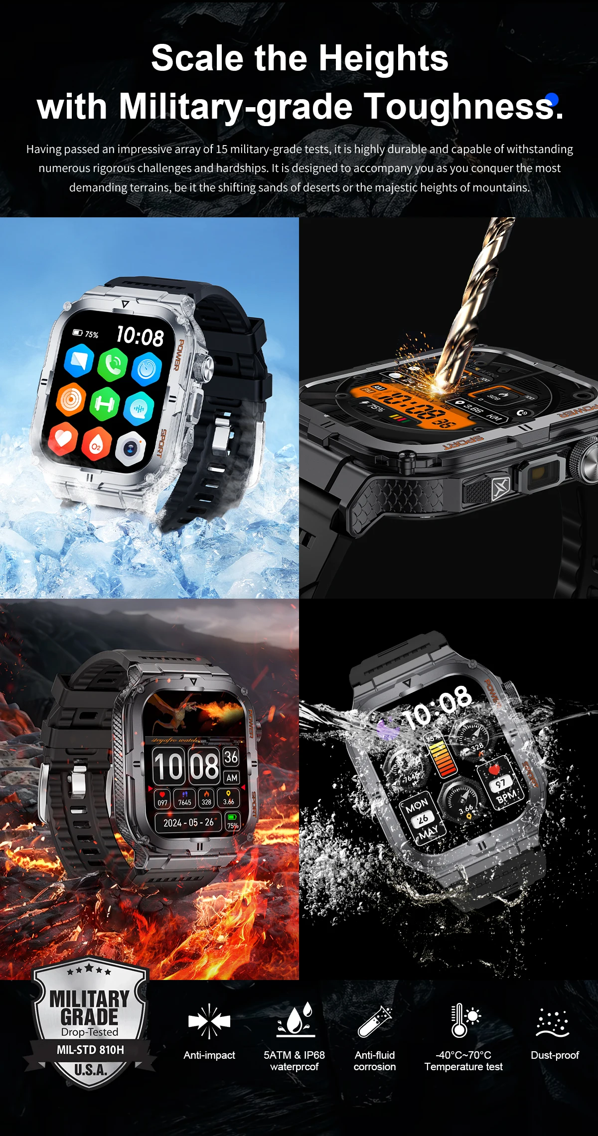 2026 New Men's Outdoor Fitness Smart Watch with Flashlight Multi-Functional Reminder 3D Dynamic Dial Sports Trajectory Tracker