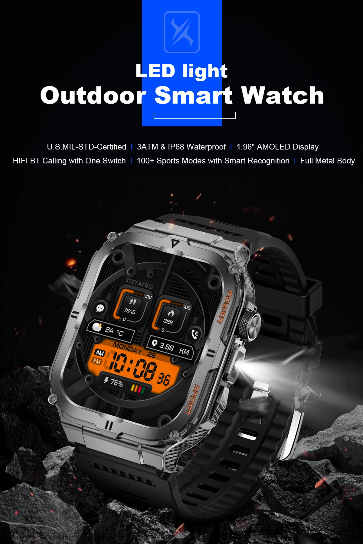 2026 New Men's Outdoor Fitness Smart Watch with Flashlight Multi-Functional Reminder 3D Dynamic Dial Sports Trajectory Tracker