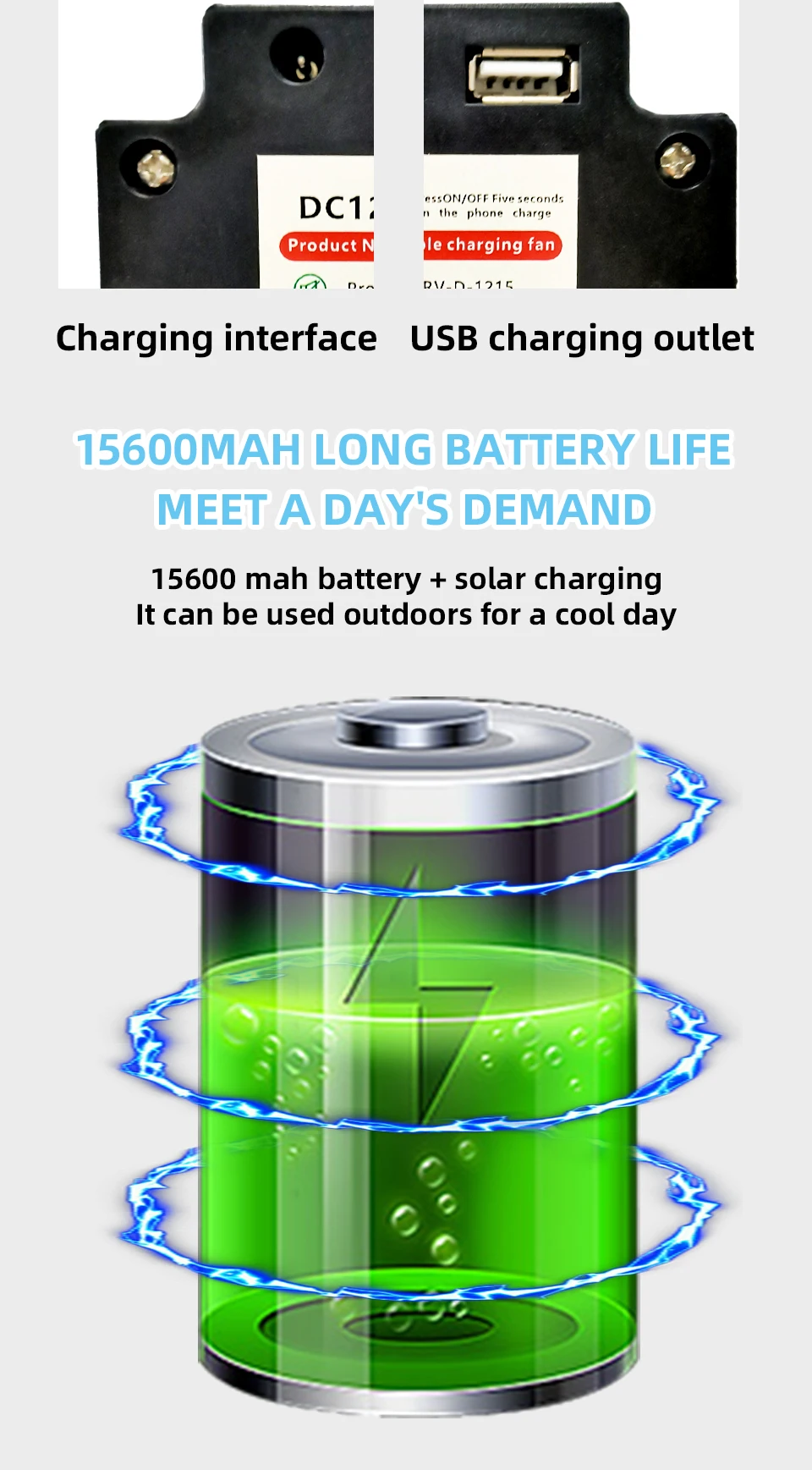 Battery Operated Solar Fan, Home or Outdoor Dual-use Portable Fan, Battery Can Running 6-12 Hours, with USB Output For Phone