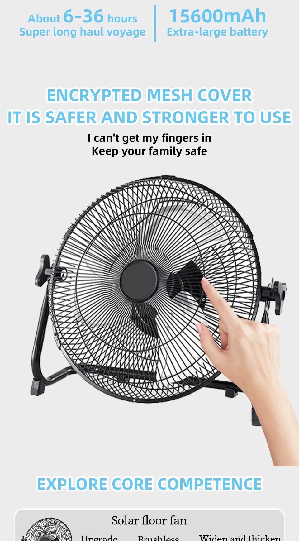 Battery Operated Solar Fan, Home or Outdoor Dual-use Portable Fan, Battery Can Running 6-12 Hours, with USB Output For Phone