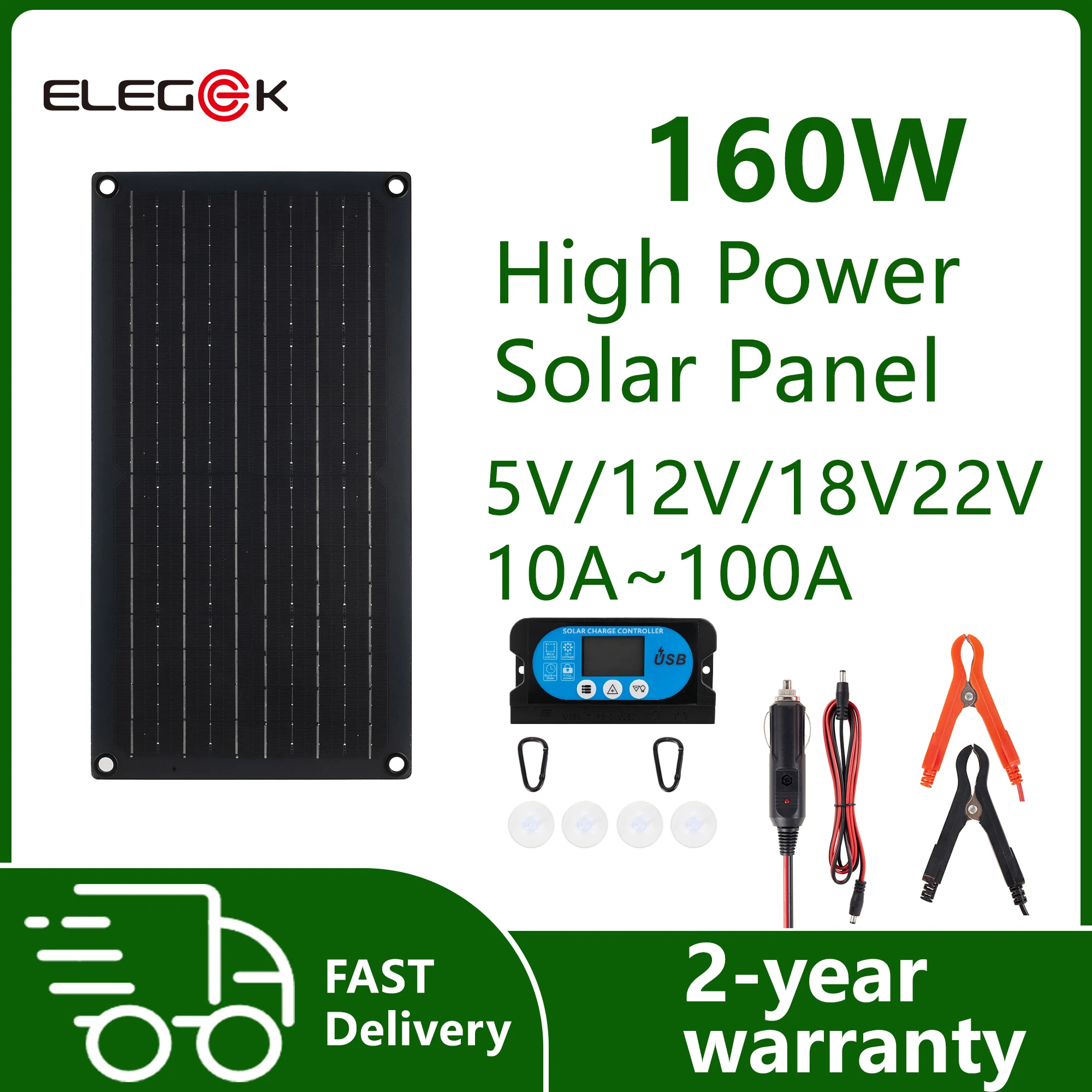 ELEGEEK 16W-160W Mono Flexible Solar Panel USB 5V DC 12V W/ 60A Controller Type-C for Phone 12V Battery Camping