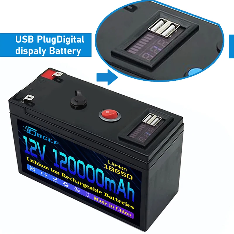 ๐2026 12V Battery 100Ah 18650 Rechargeable LiFePO4 Lithium Battery Built-in 5V 2.1A Usb Power Display Port Charger