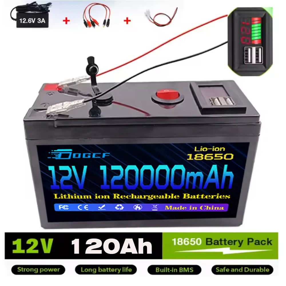 ๐2026 12V Battery 100Ah 18650 Rechargeable LiFePO4 Lithium Battery Built-in 5V 2.1A Usb Power Display Port Charger