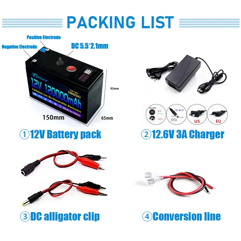๐2026 12V Battery 100Ah 18650 Rechargeable LiFePO4 Lithium Battery Built-in 5V 2.1A Usb Power Display Port Charger